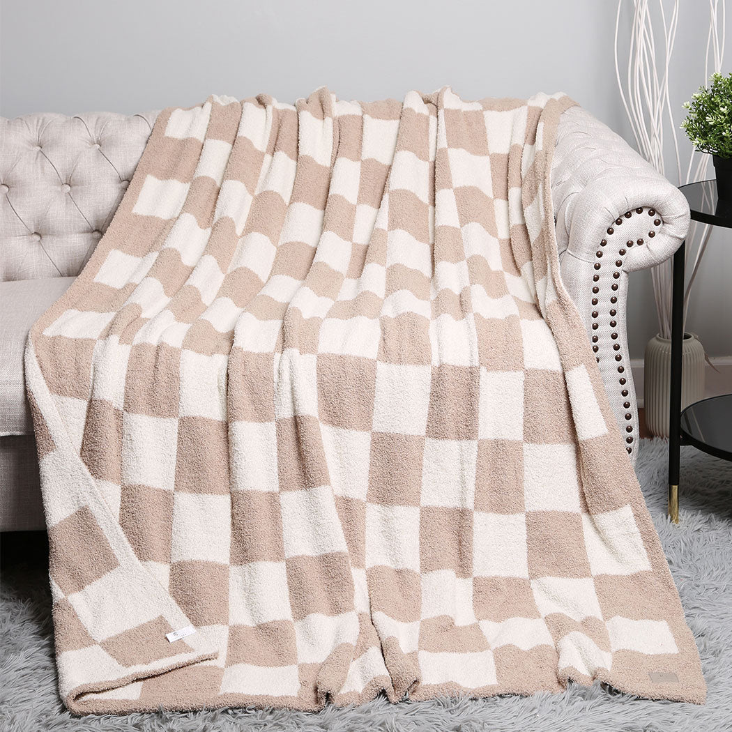 Beige Checkerboard Patterned Throw Blanket